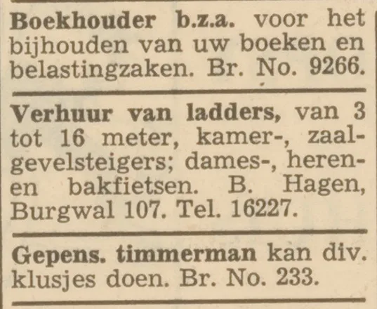 Advertentie in het Haarlems Dagblad van 24 juli 1965: verhuur van ladders van 3 tot 16 meter, kamer-, zaal- en gevelsteigers en dames-, heren- en bakfietsen bij B. Hagen, Burgwal 107, Haarlem