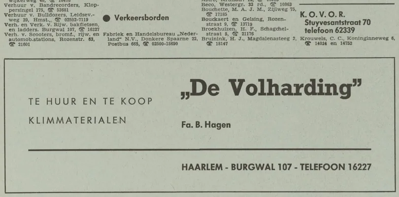 Advertentie in het Adresboek Haarlem van 1966: De Volharding, Fa. B. Hagen, te huur en te koop klimmaterialen, Burgwal 107, Haarlem